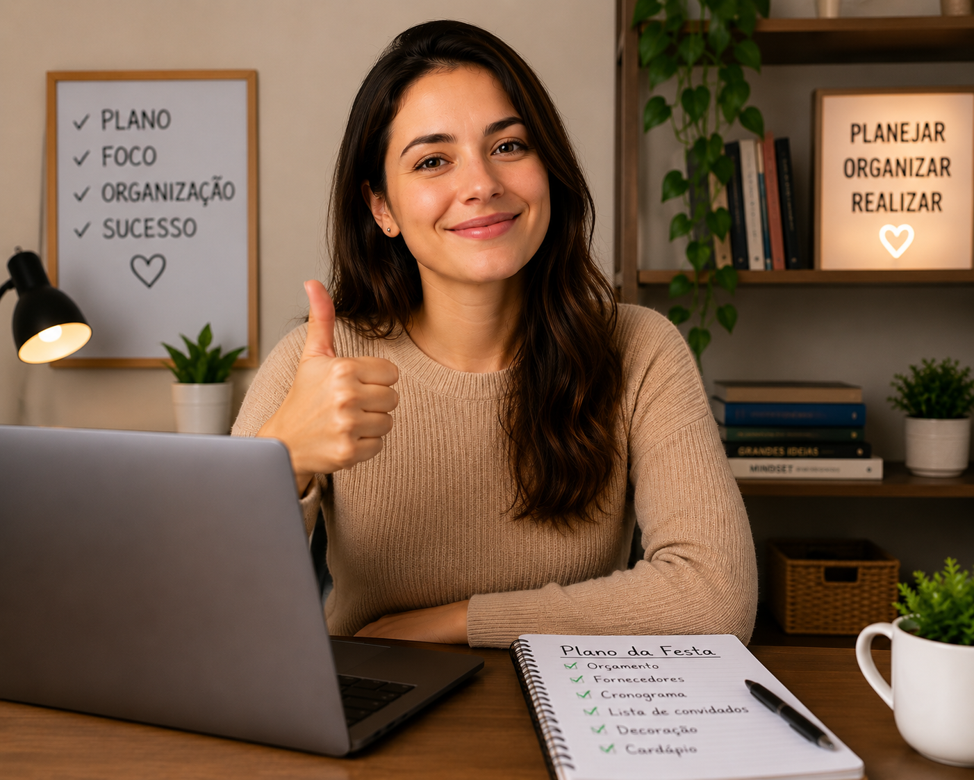 Pessoa satisfeita com joinha na frente do computador